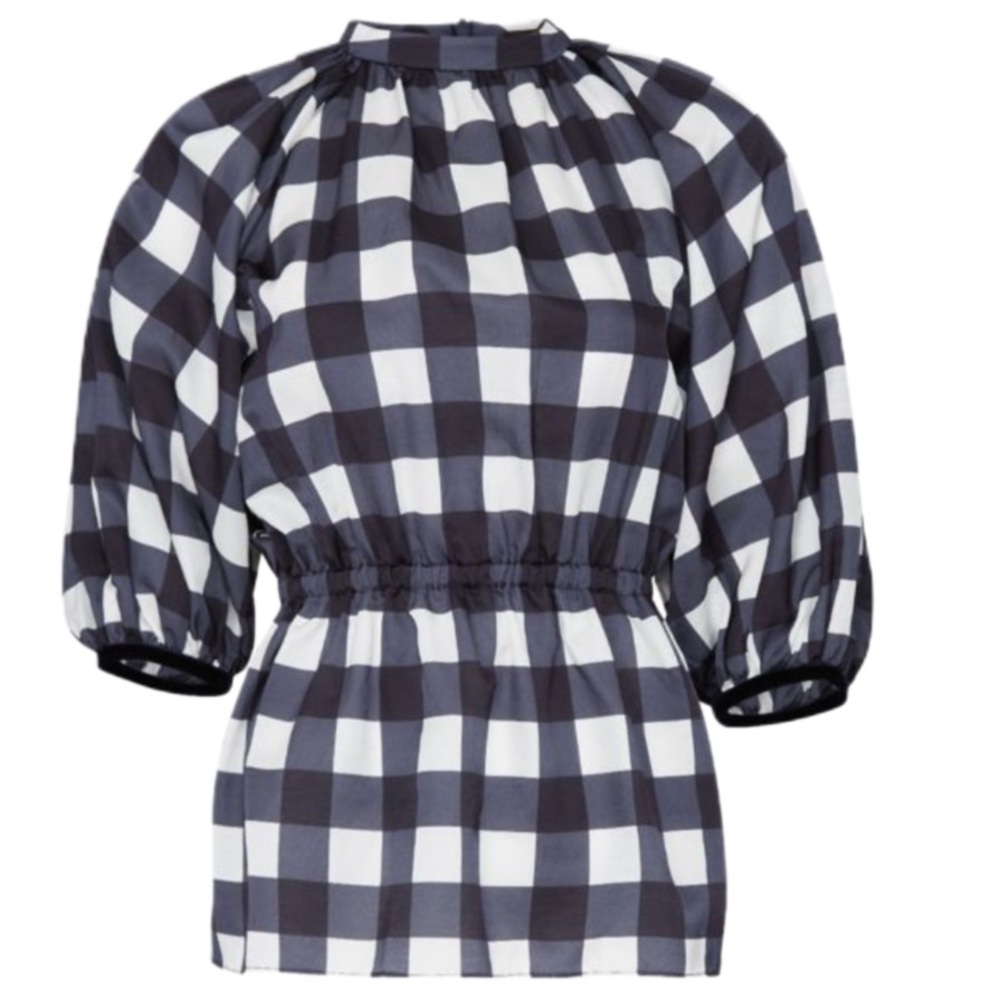 Mother of Pearl Navy White Plaid Velvet Tie Puff Sleeve Silk Blend Blouse Size 6
